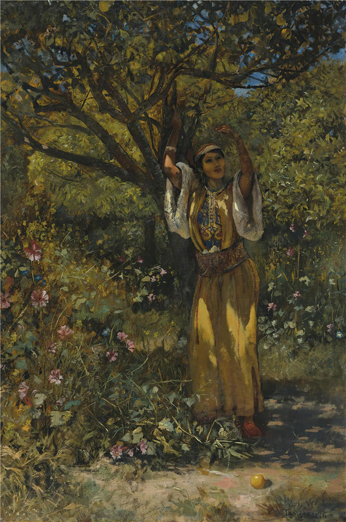 埃德温·洛德·韦克斯（Edwin Lord Weeks，美国画家）高清油画作品下载-《在花园里 (1876)》
