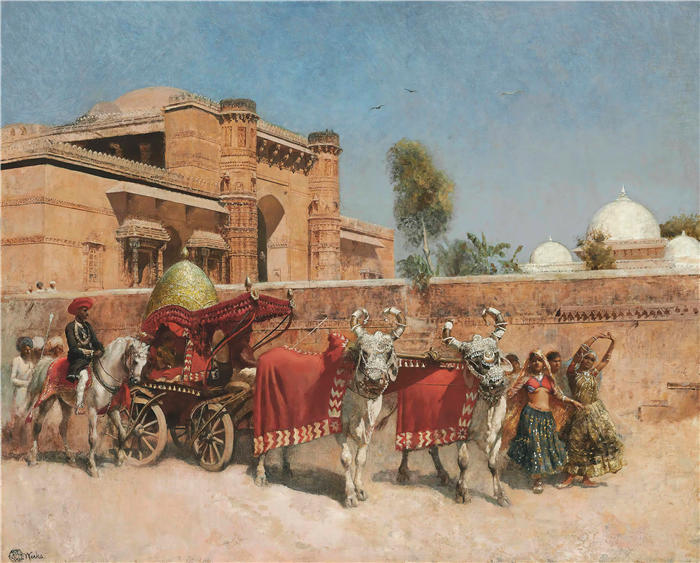 埃德温·洛德·韦克斯（Edwin Lord Weeks，美国画家）高清油画作品下载-《拉贾斯坦邦宫殿前的婚礼》