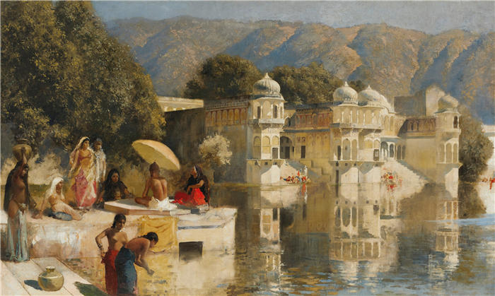 埃德温·洛德·韦克斯（Edwin Lord Weeks，美国画家）高清油画作品下载-《印度 Oodeypore 的湖泊（约 1893 年）》