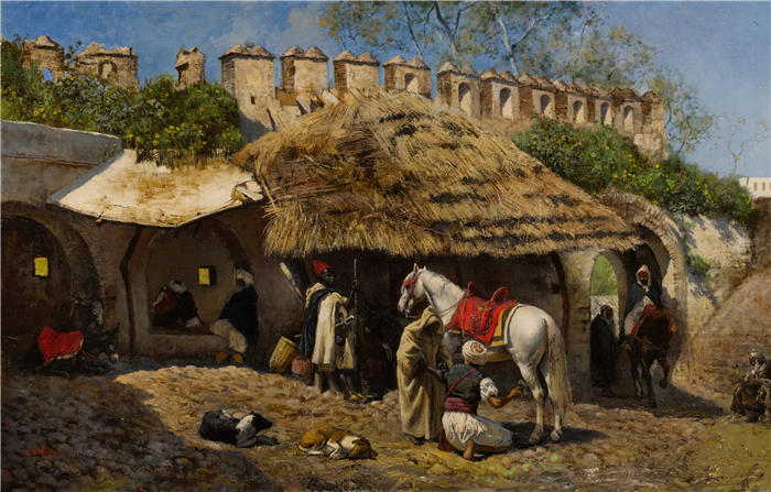 埃德温·洛德·韦克斯（Edwin Lord Weeks，美国画家）高清油画作品下载-《丹吉尔的铁匠铺（1876 年）》