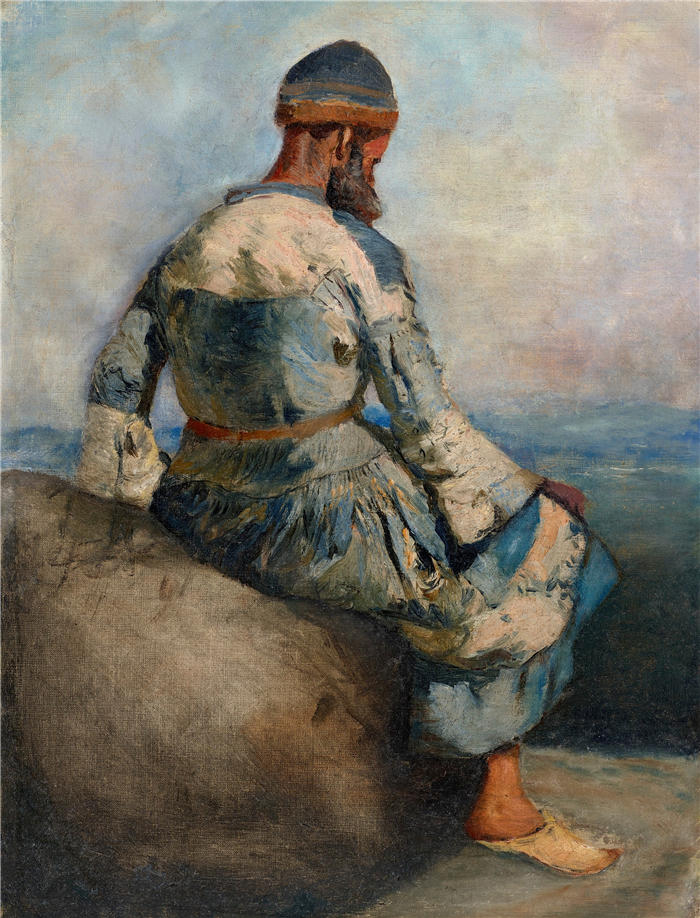 埃德温·洛德·韦克斯（Edwin Lord Weeks，美国画家）高清油画作品下载-《坐在岩石上的波斯农民（大约 1891-1892 年）》
