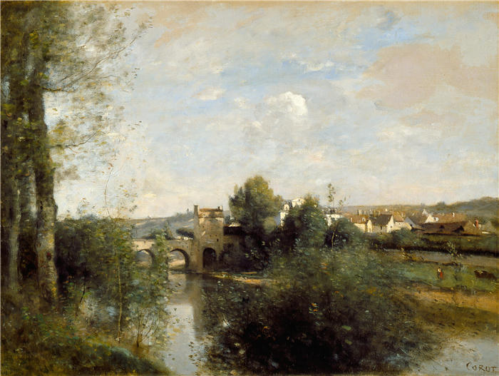 让·巴蒂斯特·卡米尔·柯罗(Jean-Baptiste-Camille Corot,法国画家)高清油画-《利迈的塞纳河和旧桥(1872 年)》