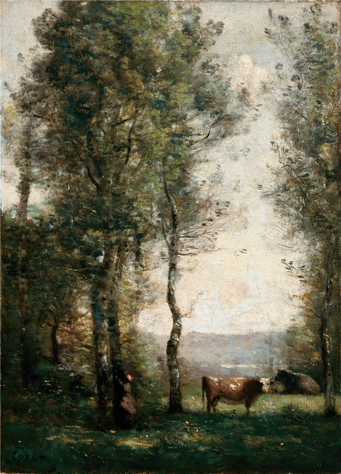让·巴蒂斯特·卡米尔·柯罗(Jean-Baptiste-Camille Corot,法国画家)高清油画-《空地上有奶牛的树木繁茂的景观(大约 1855 年)》