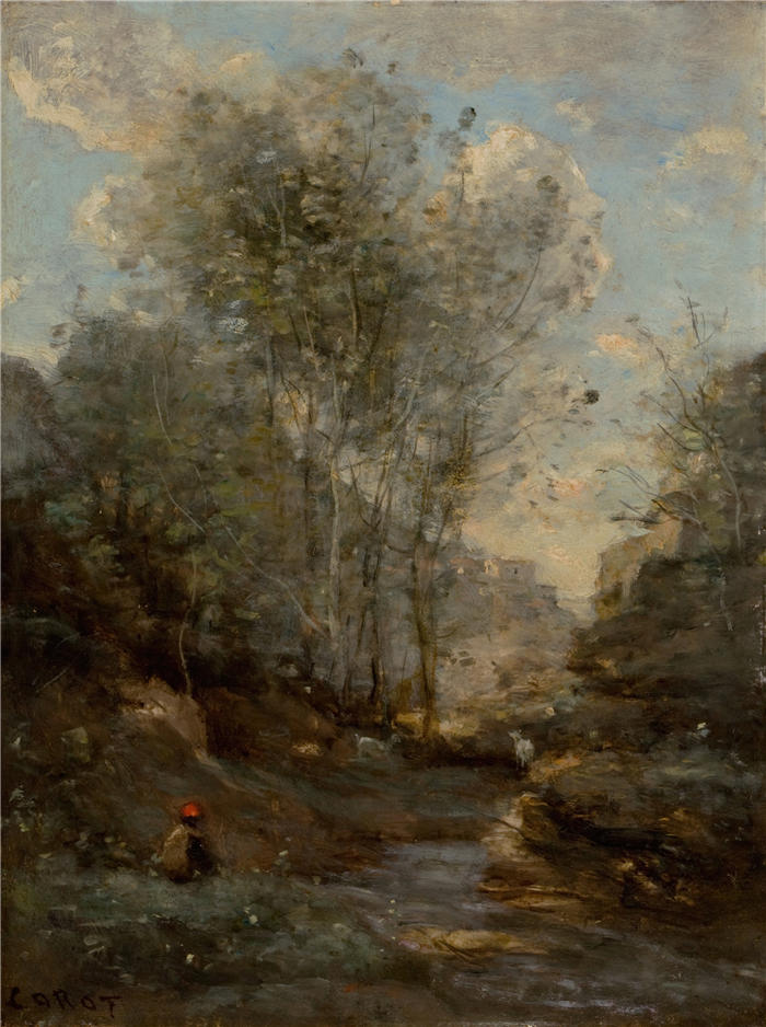 让·巴蒂斯特·卡米尔·柯罗(Jean-Baptiste-Camille Corot,法国画家)高清油画-《Chevres山谷(加尔达湖纪念品)(约1872年)》