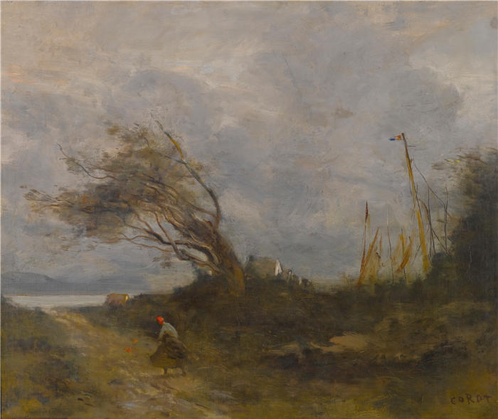 让·巴蒂斯特·卡米尔·柯罗(Jean-Baptiste-Camille Corot,法国画家)高清油画-《海边的大风》