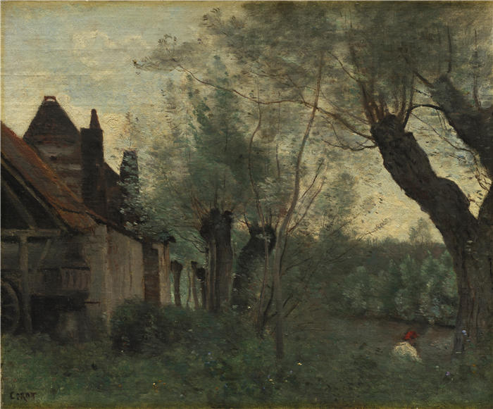 让·巴蒂斯特·卡米尔·柯罗(Jean-Baptiste-Camille Corot,法国画家)高清油画-《柳树和农舍(1871 年)》