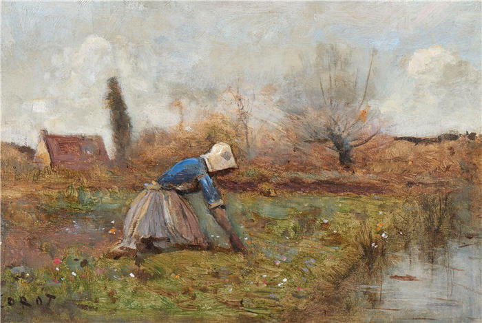 让·巴蒂斯特·卡米尔·柯罗(Jean-Baptiste-Camille Corot,法国画家)高清油画-《跪着采摘蒲公英的农妇(约1865年)》