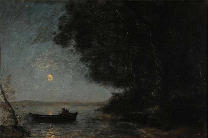 让·巴蒂斯特·卡米尔·柯罗(Jean-Baptiste-Camille Corot,法国画家)高清油画-《湖泊,夜间效果(约1869年)》