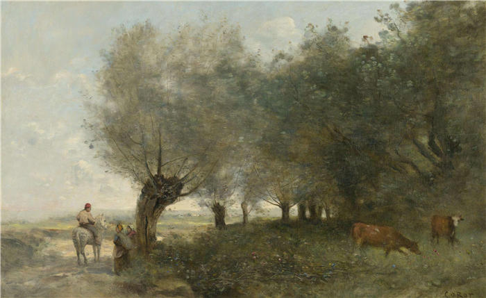 让·巴蒂斯特·卡米尔·柯罗(Jean-Baptiste-Camille Corot,法国画家)高清油画-《岛上的柳树》