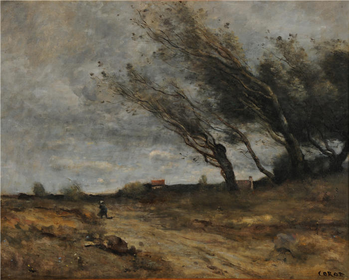 让·巴蒂斯特·卡米尔·柯罗(Jean-Baptiste-Camille Corot,法国画家)高清油画-《Le Coup de vent (1865-1870)》