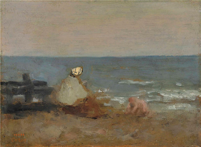 让·巴蒂斯特·卡米尔·柯罗(Jean-Baptiste-Camille Corot,法国画家)高清油画-《海边的妇女和儿童,埃特拉特(1865年)》