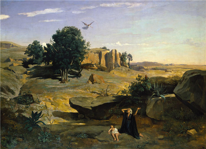 让·巴蒂斯特·卡米尔·柯罗(Jean-Baptiste-Camille Corot,法国画家)高清油画-《旷野中的夏甲 (1835)》