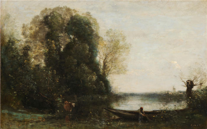 让·巴蒂斯特·卡米尔·柯罗(Jean-Baptiste-Camille Corot,法国画家)高清油画-《岸边船上的渔夫(1860-1865)》