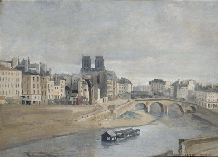 让·巴蒂斯特·卡米尔·柯罗(Jean-Baptiste-Camille Corot,法国画家)高清油画-《金匠码头和圣米歇尔桥(1833年)》