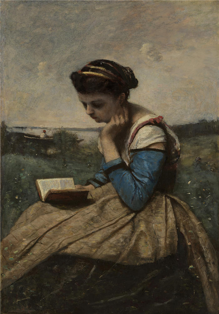 让·巴蒂斯特·卡米尔·柯罗(Jean-Baptiste-Camille Corot,法国画家)高清油画-《读书的女人 (1869)》