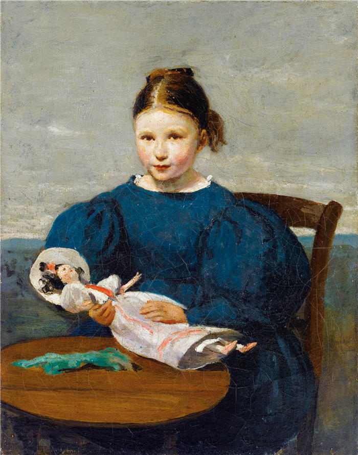 让·巴蒂斯特·卡米尔·柯罗(Jean-Baptiste-Camille Corot,法国画家)高清油画-《抱着娃娃的小女孩》