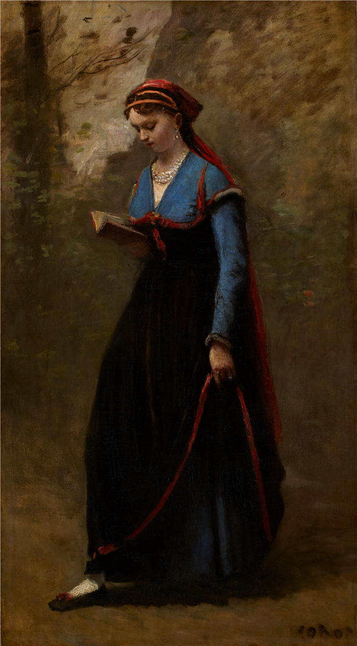 让·巴蒂斯特·卡米尔·柯罗(Jean-Baptiste-Camille Corot,法国画家)高清油画-《读者 (1868)》