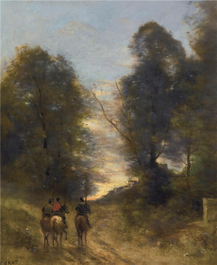 让·巴蒂斯特·卡米尔·柯罗(Jean-Baptiste-Camille Corot,法国画家)高清油画-《风景中的高卢骑手》