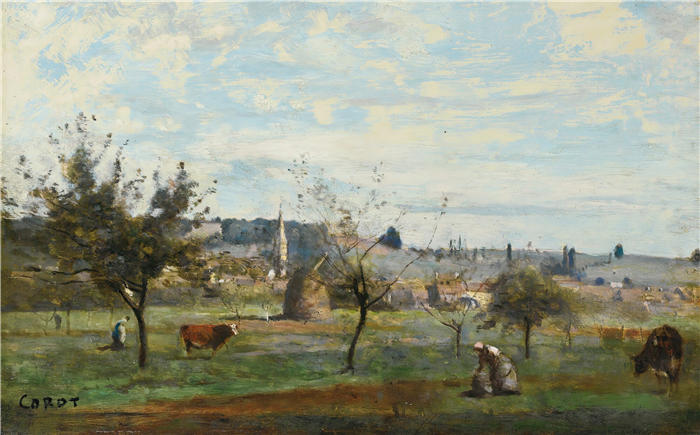 让·巴蒂斯特·卡米尔·柯罗(Jean-Baptiste-Camille Corot,法国画家)高清油画-《曼特斯附近的一个村庄(约1860-1965年)》
