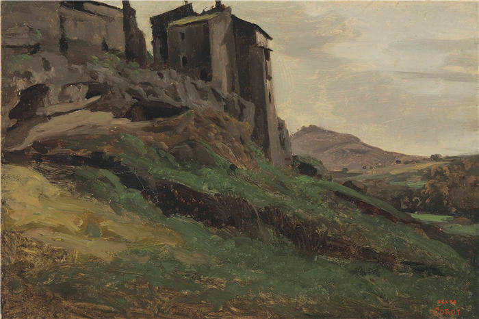 让·巴蒂斯特·卡米尔·柯罗(Jean-Baptiste-Camille Corot,法国画家)高清油画-《马里诺,岩石上的大工厂》