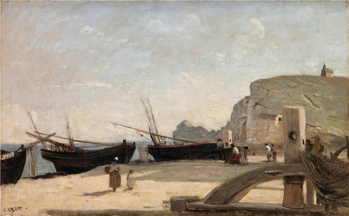 让·巴蒂斯特·卡米尔·柯罗(Jean-Baptiste-Camille Corot,法国画家)高清油画-《海滩,埃特勒塔 (1872)》