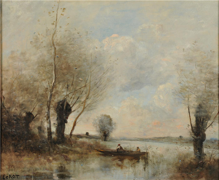 让·巴蒂斯特·卡米尔·柯罗(Jean-Baptiste-Camille Corot,法国画家)高清油画-《在船上垂钓柳树(约1870年)》