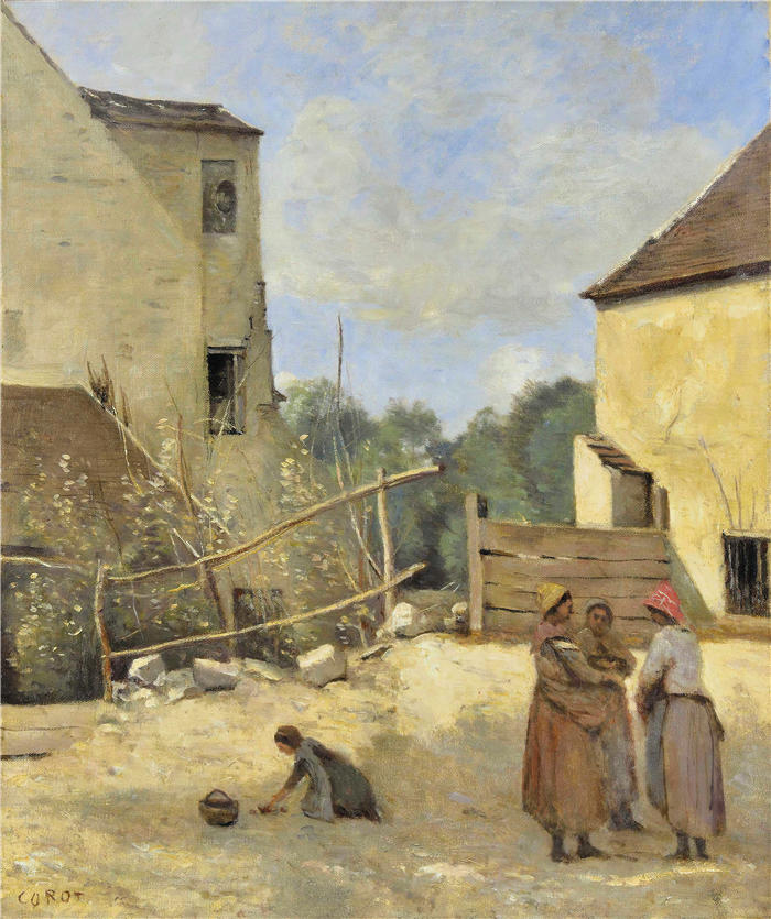 让·巴蒂斯特·卡米尔·柯罗(Jean-Baptiste-Camille Corot,法国画家)高清油画-《三个农民在一个乡村庭院里聊天》