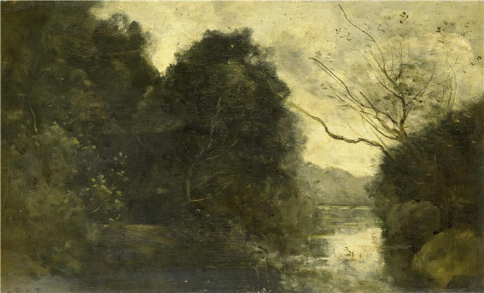 让·巴蒂斯特·卡米尔·柯罗(Jean-Baptiste-Camille Corot,法国画家)高清油画-《树林中的池塘 (1840 - 1875)》