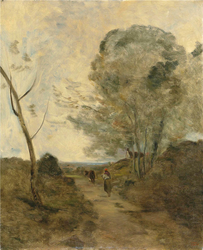 让·巴蒂斯特·卡米尔·柯罗(Jean-Baptiste-Camille Corot,法国画家)高清油画-《农民把牛带到牧场》