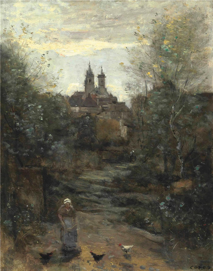 让·巴蒂斯特·卡米尔·柯罗(Jean-Baptiste-Camille Corot,法国画家)高清油画-《塞穆尔,教堂之路(约1855-1860)》