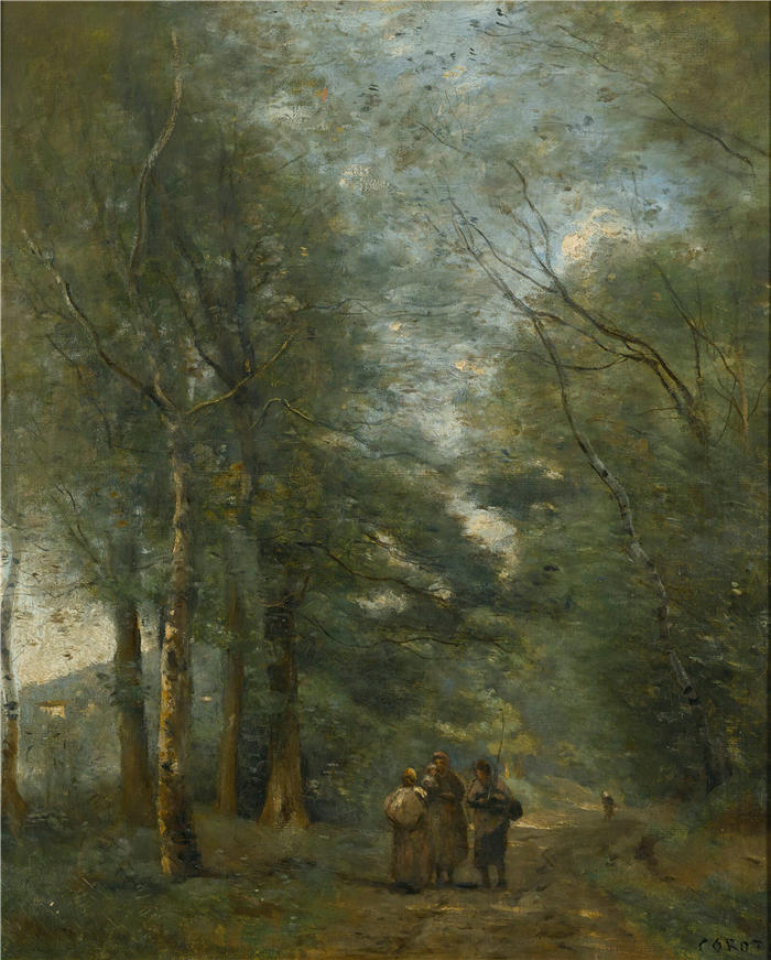 让·巴蒂斯特·卡米尔·柯罗(Jean-Baptiste-Camille Corot,法国画家)高清油画-《在池塘边的路上聊天的农民》