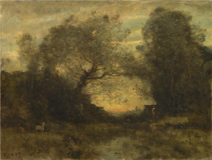 让·巴蒂斯特·卡米尔·柯罗(Jean-Baptiste-Camille Corot,法国画家)高清油画-《树林入口处的池塘(约 1860 - 1875 年)》