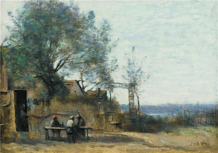 让·巴蒂斯特·卡米尔·柯罗(Jean-Baptiste-Camille Corot,法国画家)高清油画-《在一家歌舞厅门口遭到袭击的农民(约1865-1870年)》