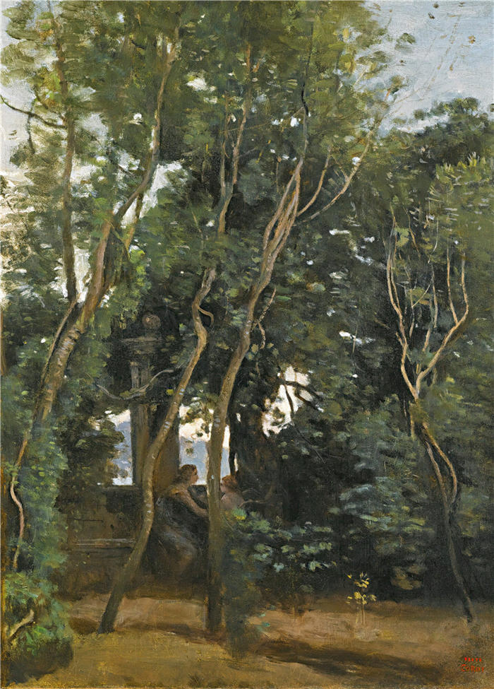 让·巴蒂斯特·卡米尔·柯罗(Jean-Baptiste-Camille Corot,法国画家)高清油画-《早上在树下》