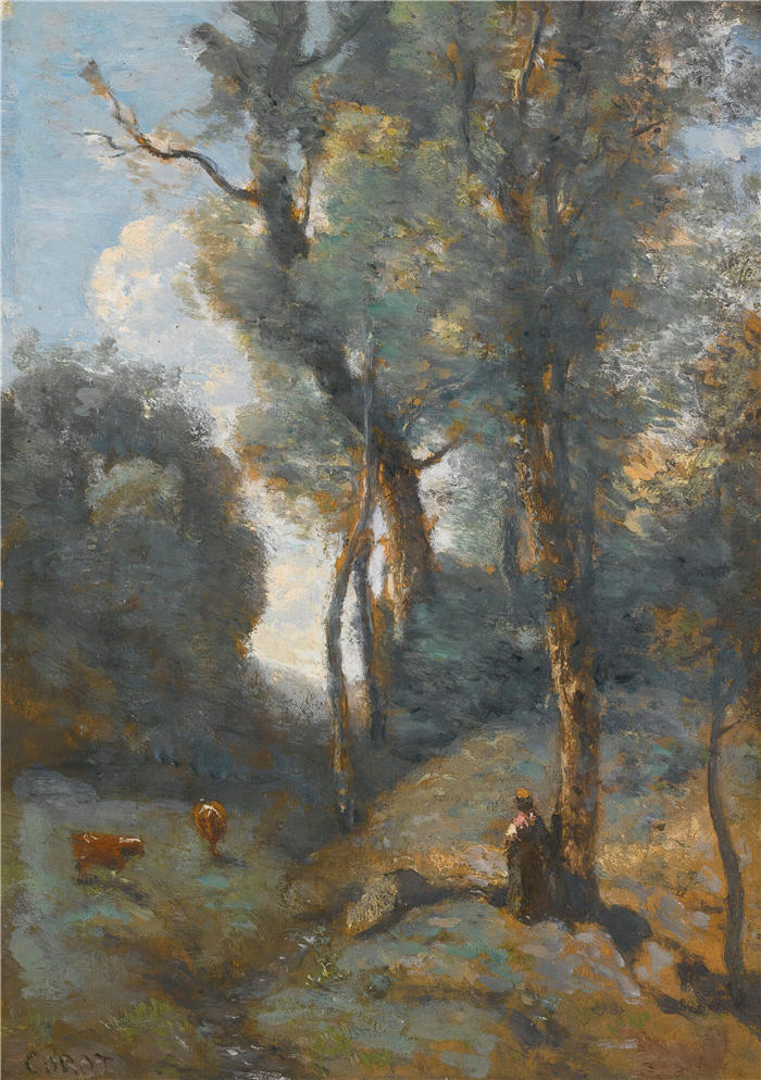 让·巴蒂斯特·卡米尔·柯罗(Jean-Baptiste-Camille Corot,法国画家)高清油画-《在森林山坡上度假》