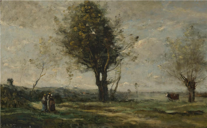 让·巴蒂斯特·卡米尔·柯罗(Jean-Baptiste-Camille Corot,法国画家)高清油画-《在路边相遇》