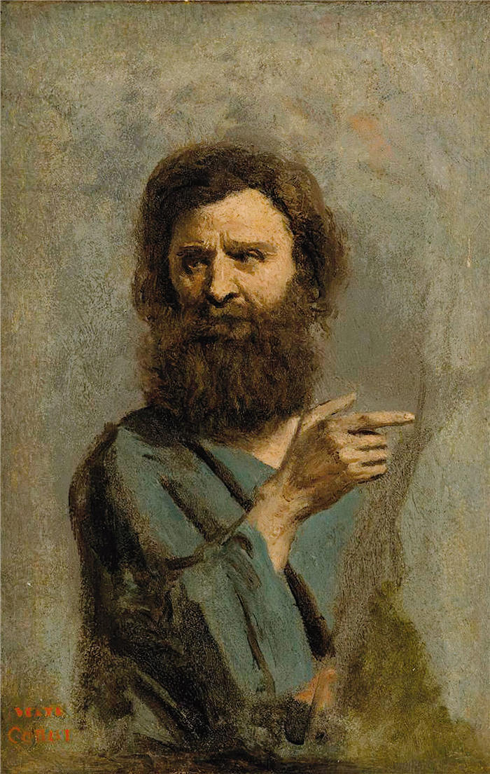 让·巴蒂斯特·卡米尔·柯罗(Jean-Baptiste-Camille Corot,法国画家)高清油画-《一个大胡子男人的头》