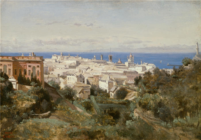让·巴蒂斯特·卡米尔·柯罗(Jean-Baptiste-Camille Corot,法国画家)高清油画-《热那亚的景色 (1834)》
