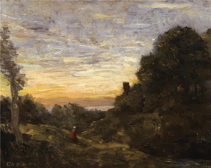 让·巴蒂斯特·卡米尔·柯罗(Jean-Baptiste-Camille Corot,法国画家)高清油画-《树边的塔》