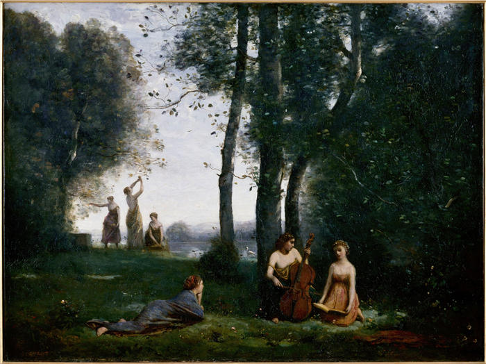 让·巴蒂斯特·卡米尔·柯罗(Jean-Baptiste-Camille Corot,法国画家)高清油画-《乡村音乐会(1857)》