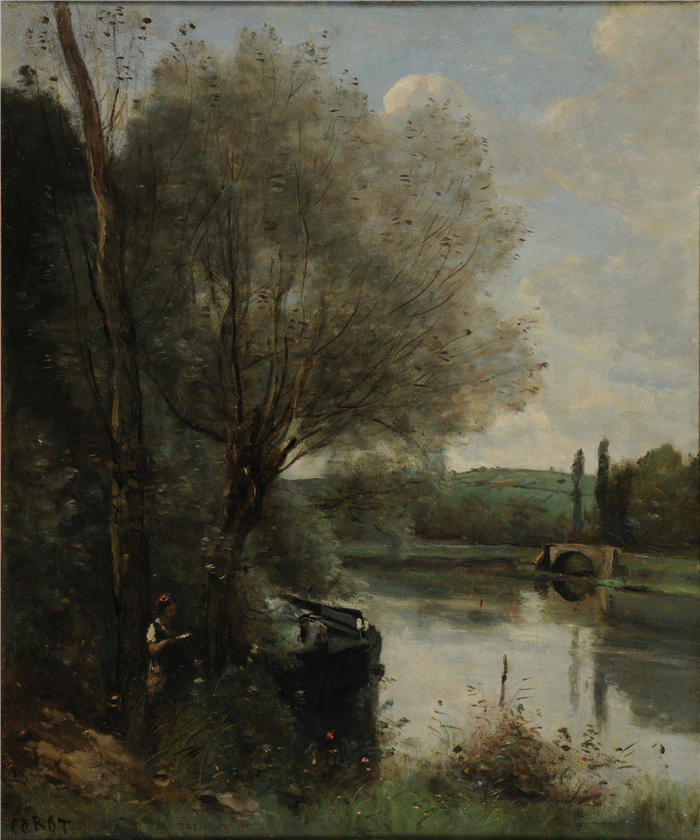 让·巴蒂斯特·卡米尔·柯罗(Jean-Baptiste-Camille Corot,法国画家)高清油画-《森林河畔的读者(1865-1870)》