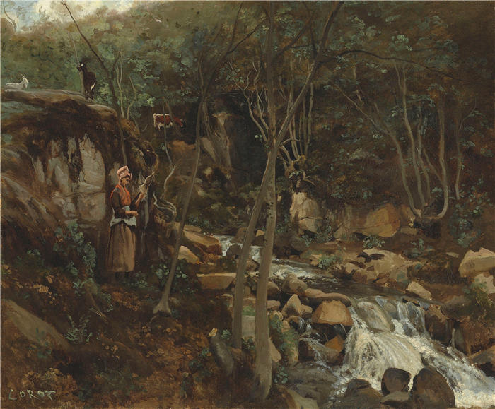 让·巴蒂斯特·卡米尔·柯罗(Jean-Baptiste-Camille Corot,法国画家)高清油画-《一条溪流》