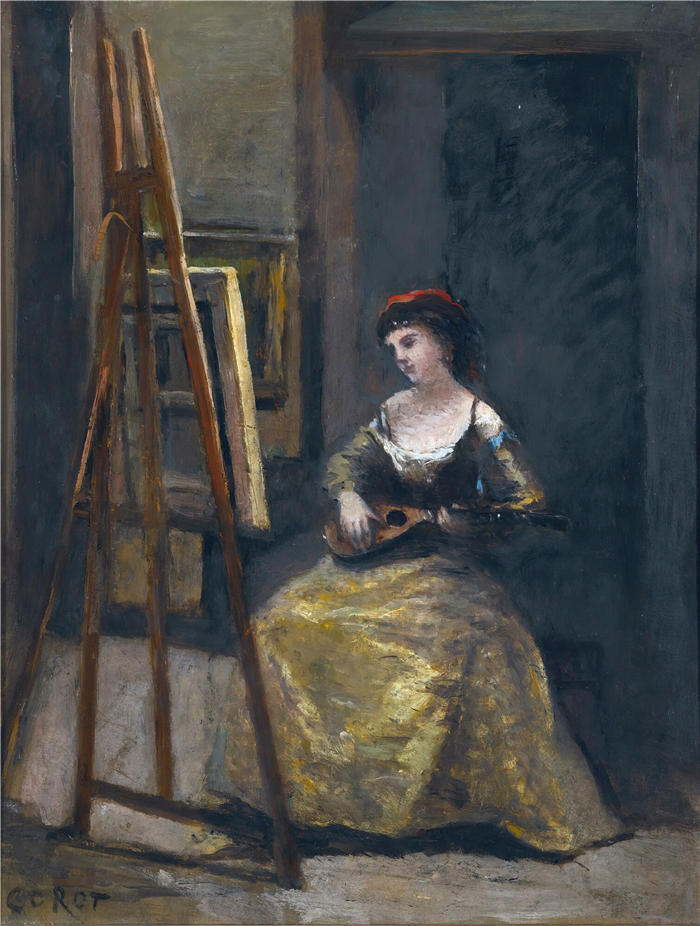 让·巴蒂斯特·卡米尔·柯罗(Jean-Baptiste-Camille Corot,法国画家)高清油画-《玩曼陀林的年轻女子》