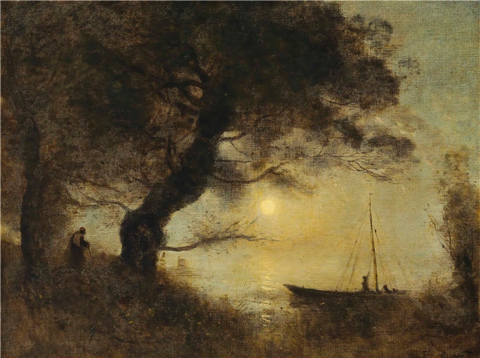 让·巴蒂斯特·卡米尔·柯罗(Jean-Baptiste-Camille Corot,法国画家)高清油画-《月光之舟 1871-1872》