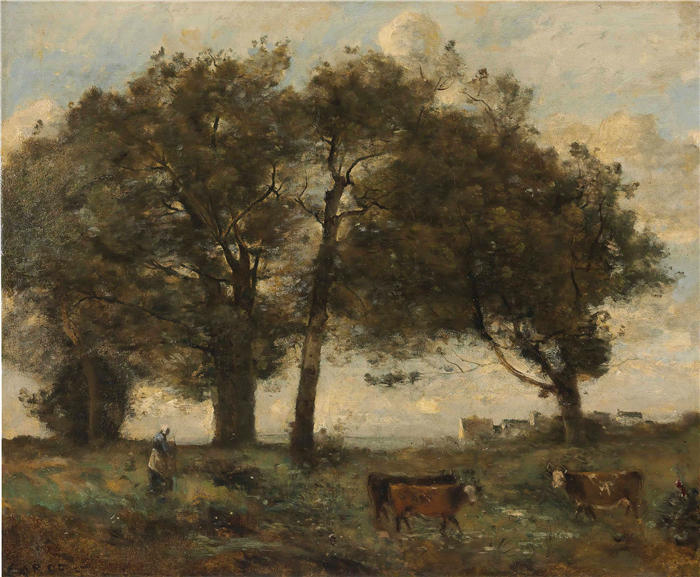 让·巴蒂斯特·卡米尔·柯罗（Jean-Baptiste-Camille Corot,法国画家）高清油画-《有三头母牛的森林池塘（1871-1872）》