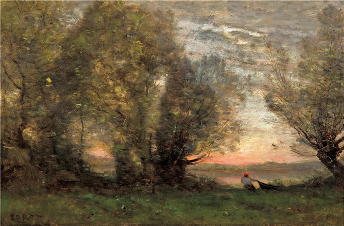 让·巴蒂斯特·卡米尔·柯罗(Jean-Baptiste-Camille Corot,法国画家)高清油画-《渔夫之夜效应(大约 1865 年)》