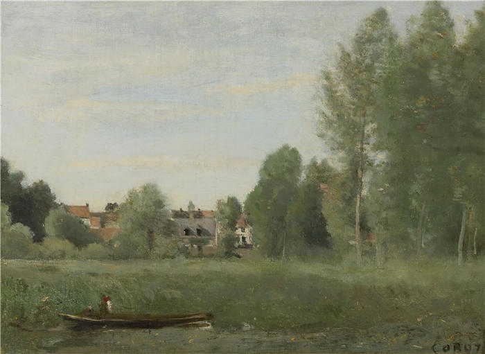 让·巴蒂斯特·卡米尔·柯罗(Jean-Baptiste-Camille Corot,法国画家)高清油画-《隐藏在河边灌木里的小房子》