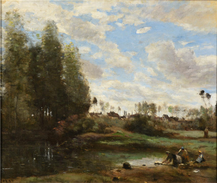 让·巴蒂斯特·卡米尔·柯罗(Jean-Baptiste-Camille Corot,法国画家)高清油画-《水边洗衣(1860-1870)》