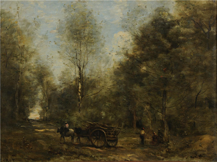 让·巴蒂斯特·卡米尔·柯罗(Jean-Baptiste-Camille Corot,法国画家)高清油画-瓦格农维尔森林里的一条小巷(1871-1875)