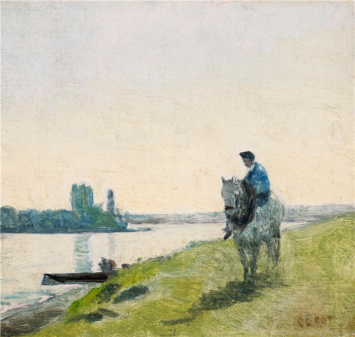 让·巴蒂斯特·卡米尔·柯罗(Jean-Baptiste-Camille Corot,法国画家)高清油画-《骑着马在船上喘气(约1855-1856年)》